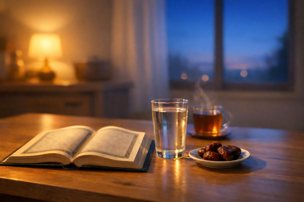 Al-Qur’an terbuka di meja sahur dengan air putih dan kurma saat subuh di bulan Ramadhan.