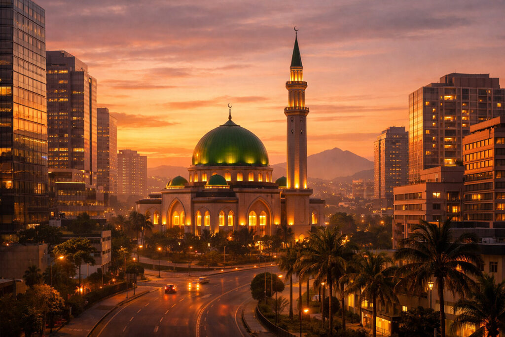 Pemandangan kota modern Indonesia saat senja di bulan puasa Ramadhan dengan masjid di antara gedung-gedung tinggi