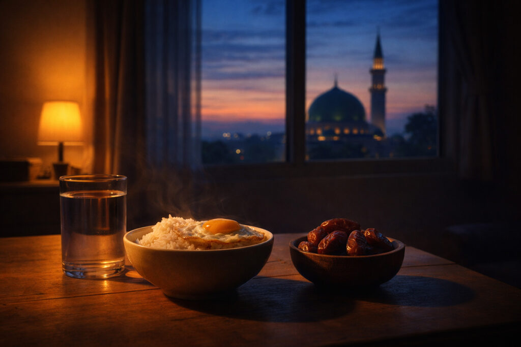 Suasana sahur menjelang Subuh dengan hidangan sederhana dan cahaya fajar yang tenang di bulan Ramadhan