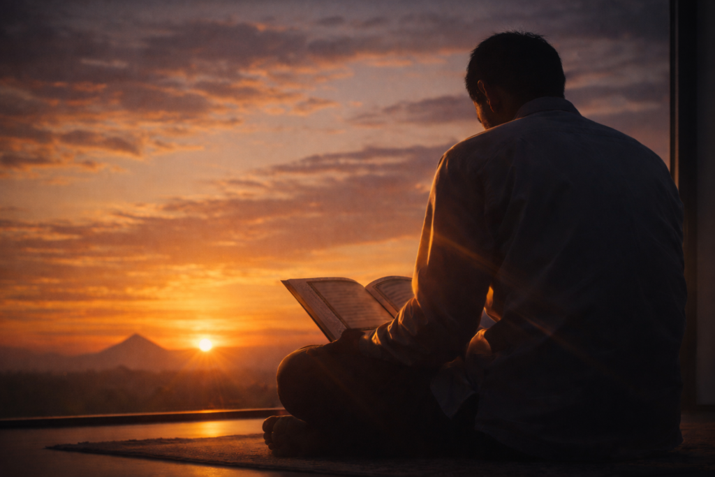 Siluet pria membaca Al-Qur'an menjelang Maghrib di bulan Ramadhan dengan cahaya senja golden hour yang tenang