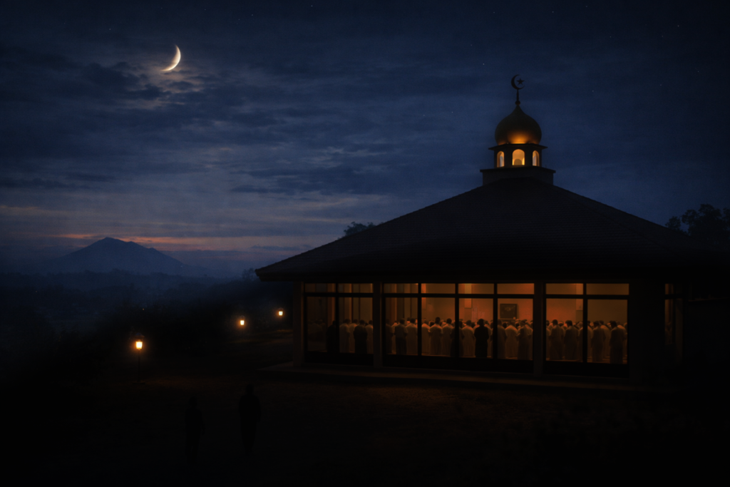 Suasana shalat tarawih berjamaah di masjid pedesaan pada malam Ramadhan dengan cahaya hangat dan jamaah rapi terlihat dari luar