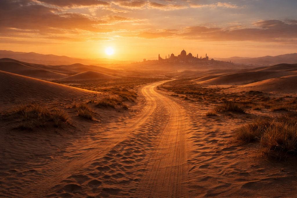 Jalan gurun panjang mengarah ke kota kuno saat matahari terbit, ilustrasi perjalanan safar Nabi Muhammad SAW menuju Syam