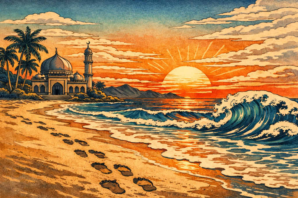 sunset mesjid di pantai