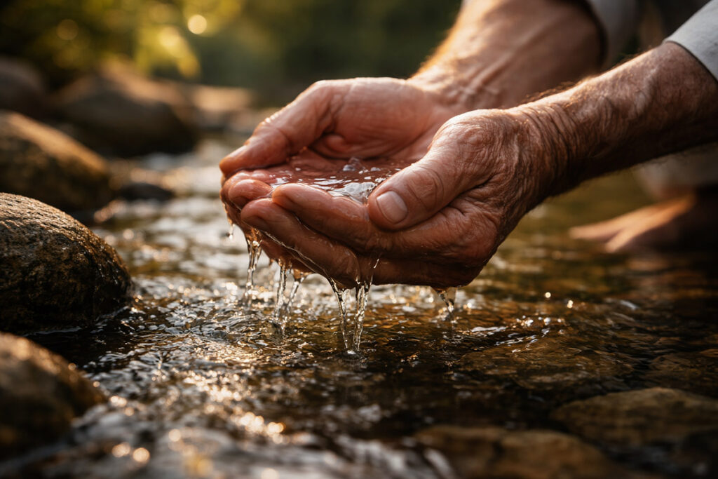 Tangan laki-laki tua sedang menangkup air bersih sebagai simbol puasa dan makna Ar-Rayyan