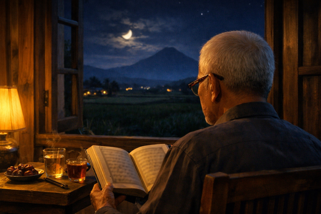 Ayah berusia 70 tahun duduk di ruang tamu malam hari setelah tarawih di bulan Ramadhan memegang mushaf Al-Qur'an dengan pemandangan desa dan Gunung Merapi dari jendela