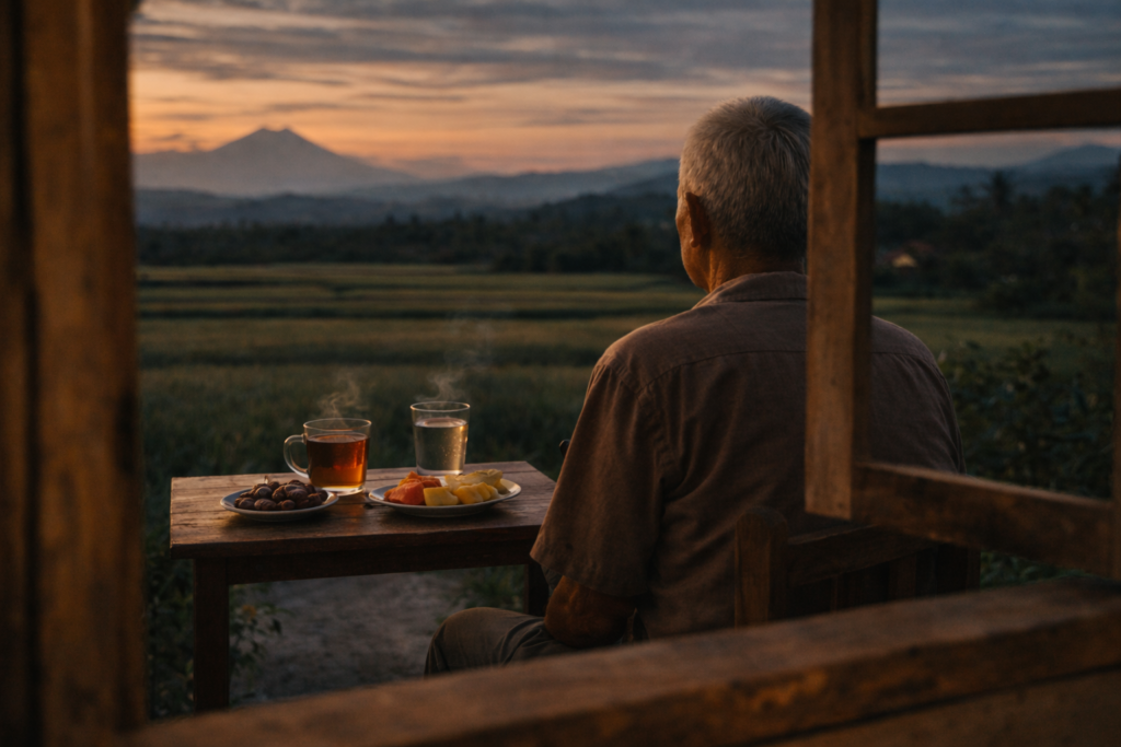 Ayah usia 70 tahun terlihat dari balik jendela duduk menunggu berbuka dengan kurma, teh hangat dan takjil sederhana berlatar sawah dan Gunung Merapi