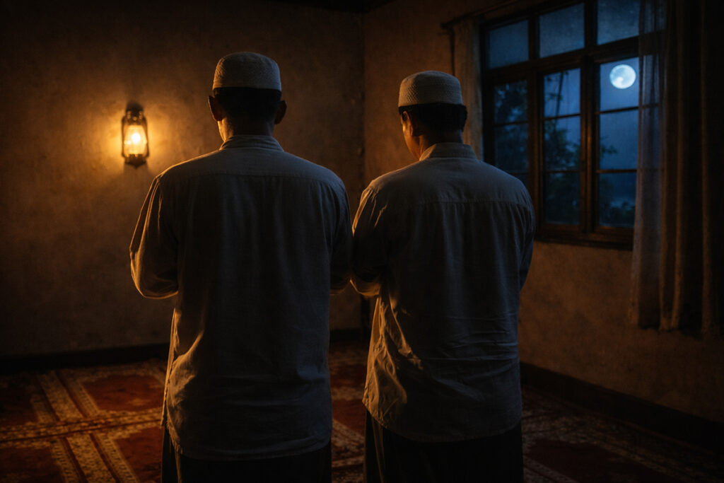 Dua pria shalat berdampingan di mushola kecil saat malam Ramadhan dengan cahaya bulan sebagai ilustrasi keutamaan bulan Ramadhan