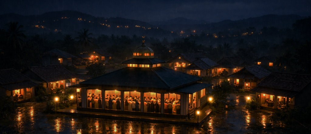 Masjid di tengah perkampungan saat malam Ramadhan penuh berkah dengan jamaah sholat berjamaah dan lampu desa di perbukitan kejauhan saat gerimis.
