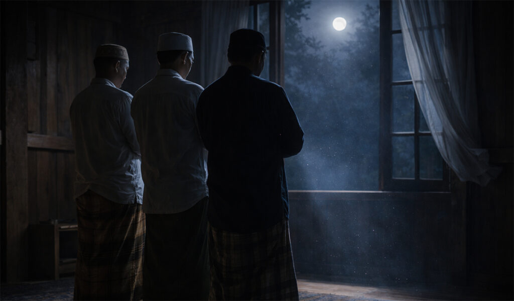 Tiga orang Muslim sedang sholat malam di mushola sederhana dengan cahaya bulan pada malam Ramadhan saat mencari Lailatul Qadar.