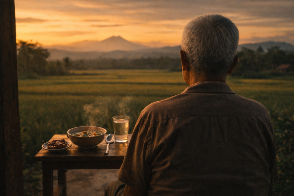 Ayah usia 70 tahun duduk di teras rumah saat senja dengan semangkuk sop hangat, berlatar sawah dan Gunung Merapi menjelang buka puasa