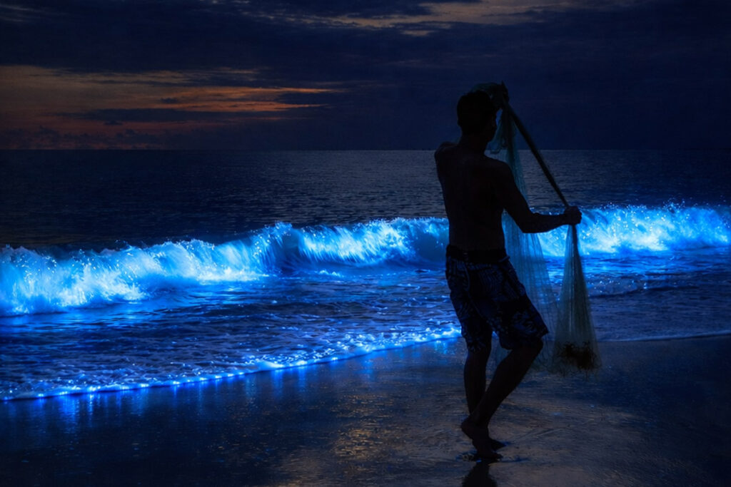 air laut menyala biru di malam hari dengan siluet orang di pantai akibat bioluminescence