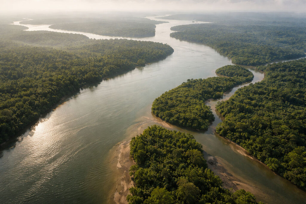 Pemandangan sungai tropis yang lebar dari udara yang menggambarkan fenomena aliran sungai berbalik arah