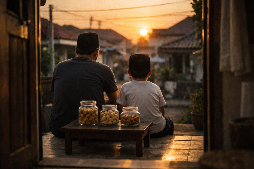 Anak dan ayah duduk di teras rumah saat senja berbincang tentang puasa Syawal