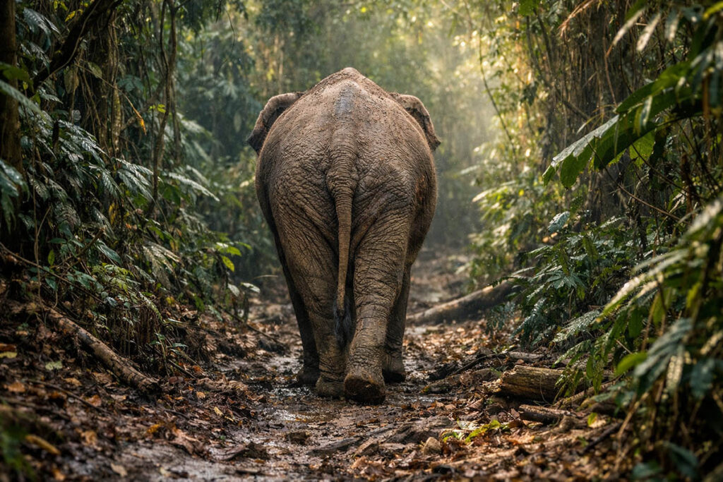 Seekor gajah Asia berjalan menuju hutan tropis lebat di Indonesia tanpa ada yang naik gajah