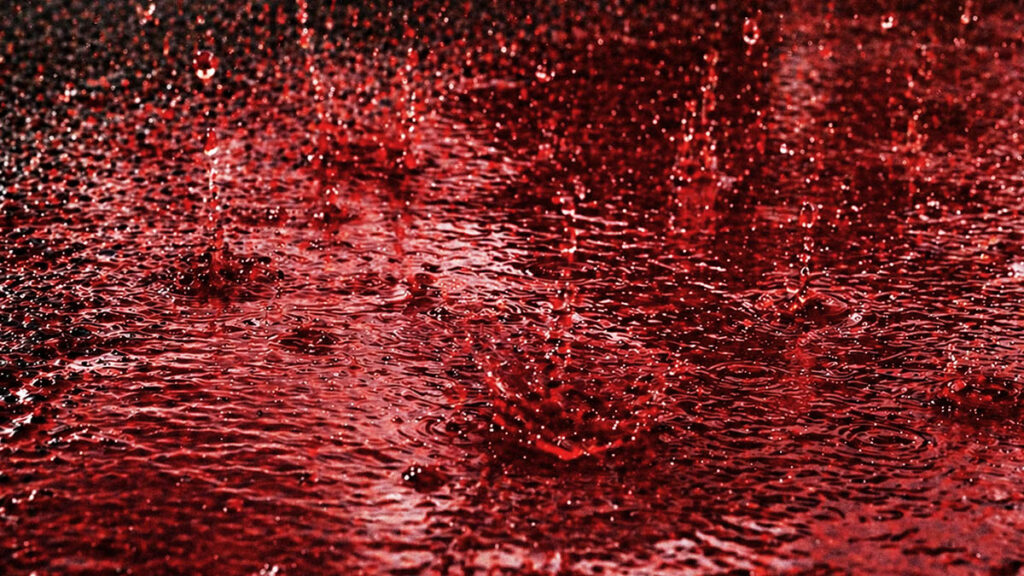 genangan air hujan berwarna merah  di aspal dengan tetesan air terlihat seperti hujan darah