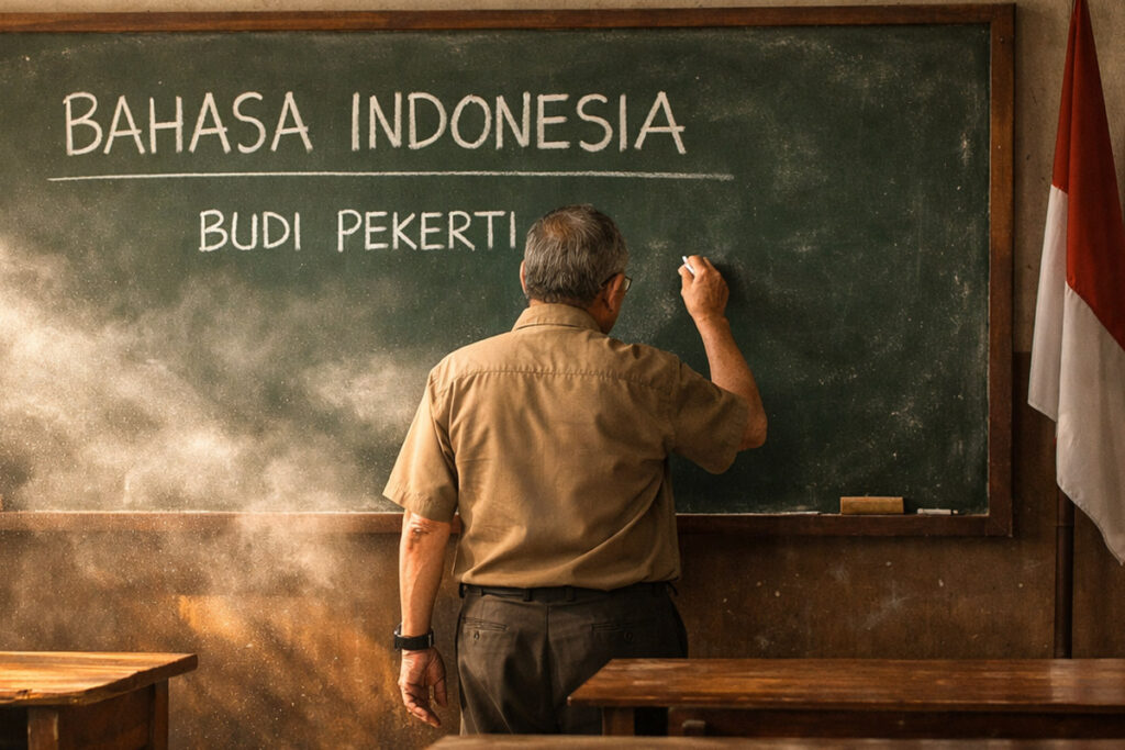 Guru sedang menulis di papan tulis hijau dengan kapur putih di ruang kelas sekolah Indonesia