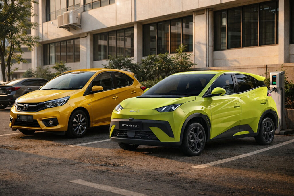 Honda Brio dan BYD Atto 1 diparkir berdampingan di area kantor saat pagi hari, menunjukkan perbandingan mobil bensin dan mobil listrik untuk penggunaan harian