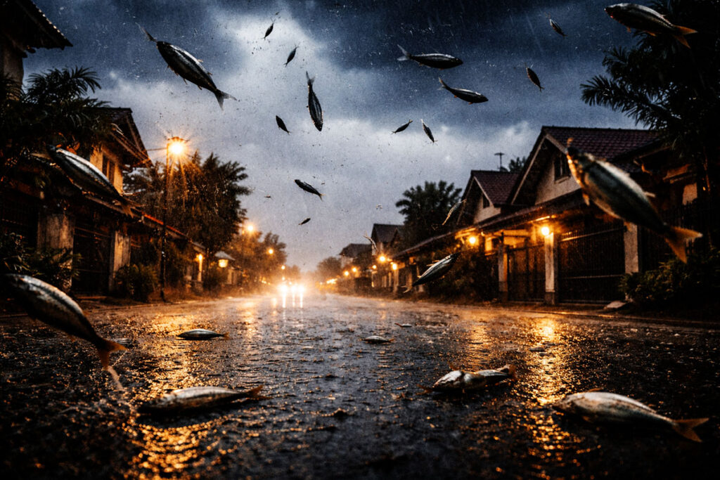 Fenomena hujan ikan jatuh dari langit saat hujan deras