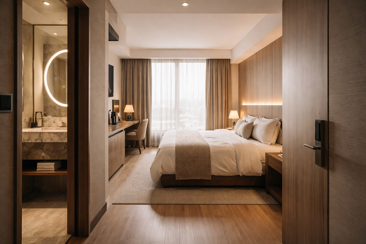 Interior kamar hotel modern dengan kamar mandi berada dekat pintu masuk dan tempat tidur di dekat jendela