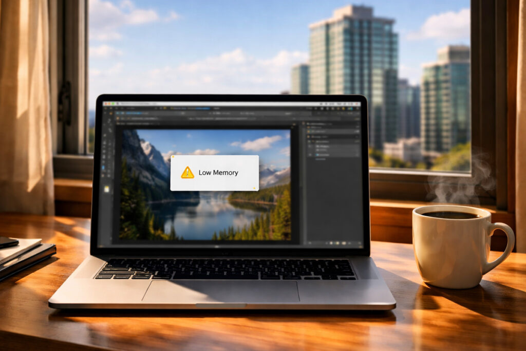 Laptop RAM 8GB menampilkan peringatan low memory saat membuka aplikasi editing