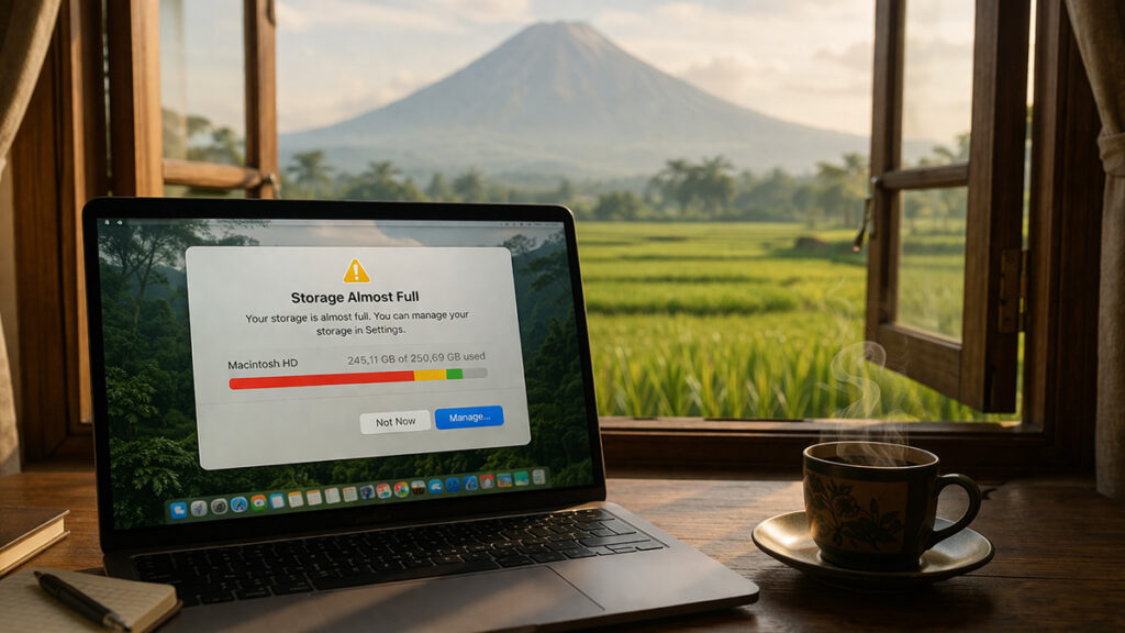 Laptop dengan notifikasi “Storage Almost Full” di meja kayu dengan kopi dan pemandangan sawah serta Gunung Merapi