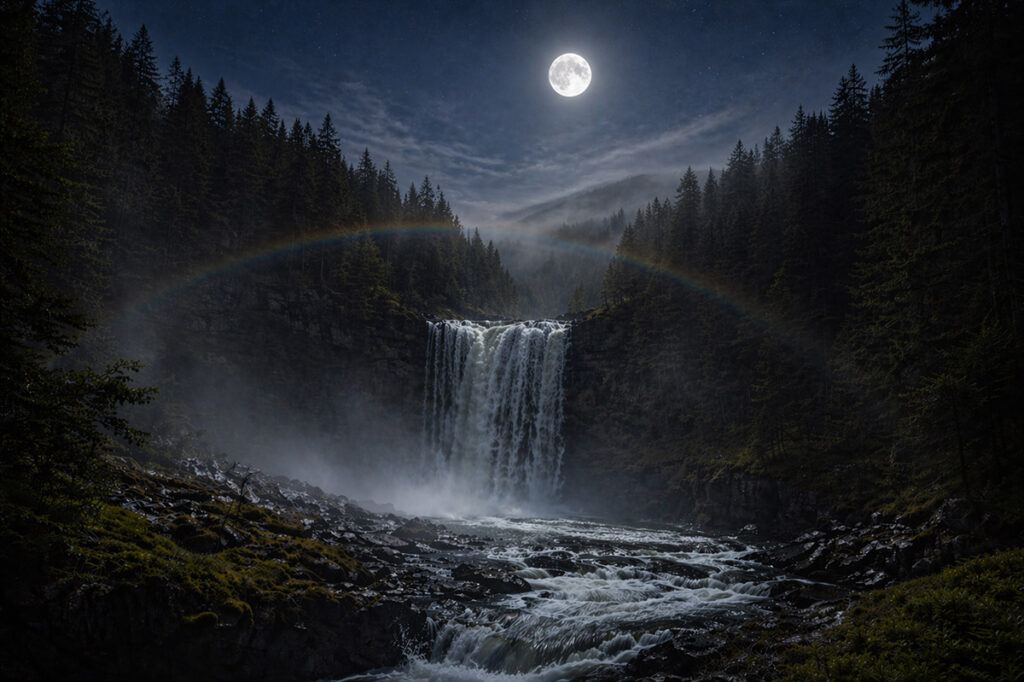 Fenomena moonbow atau pelangi malam hari terlihat di atas air terjun dengan cahaya bulan di langit gelap