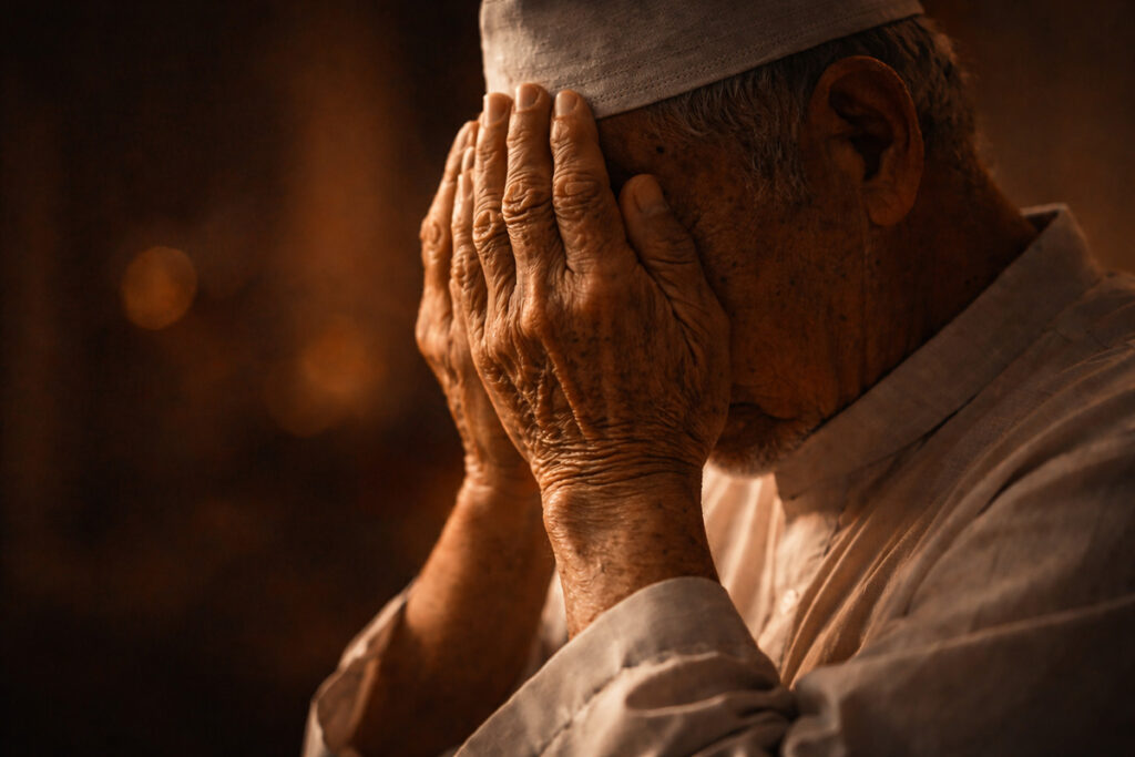 Pria tua sedang berdoa dengan tangan menutupi wajah dalam suasana yang tenang
