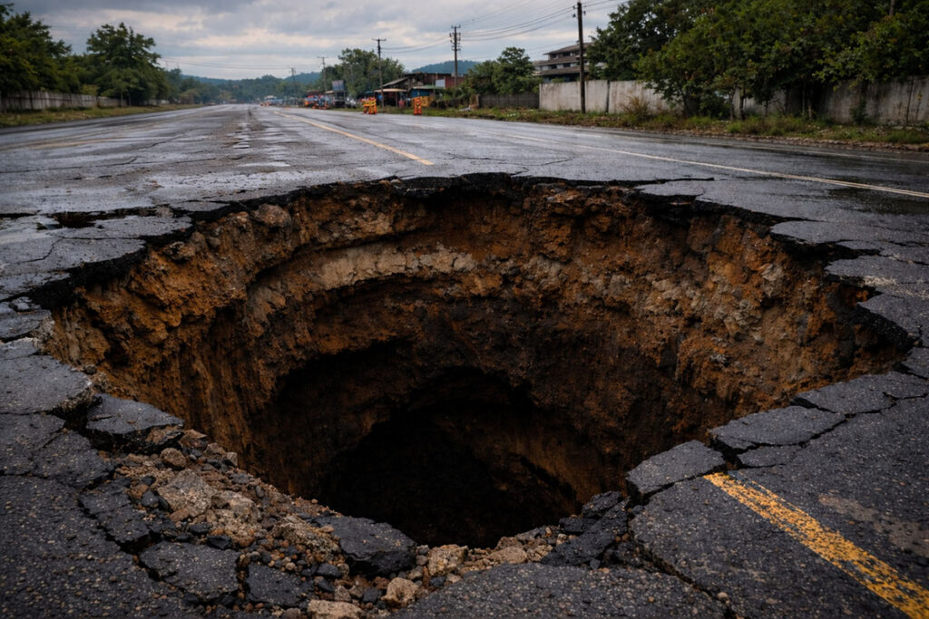Lubang sinkhole besar di jalan aspal yang amblas