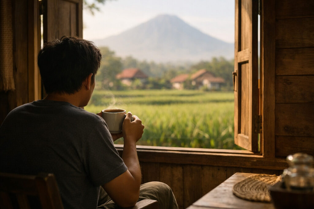 Seseorang duduk tenang dekat jendela sambil memegang kopi dengan pemandangan sawah dan gunung menikmati soft living atau slow living