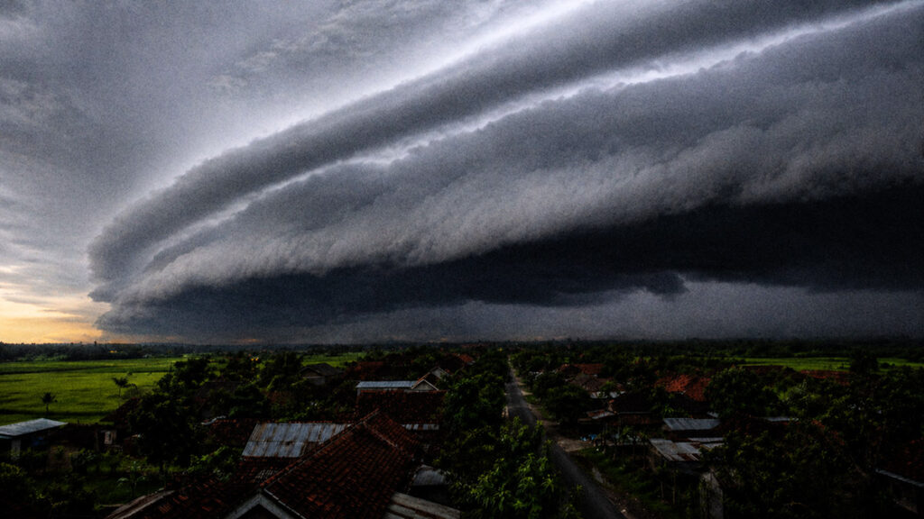 awan arcus besar terlihat seperti gelombang tsunami di langit di atas perkampungan saat badai mendekat