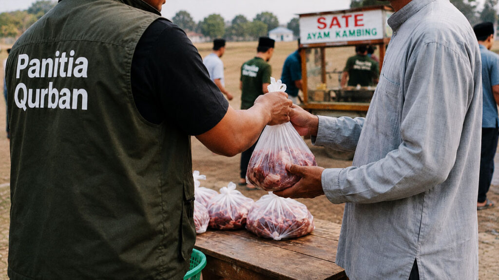 Panitia qurban membagikan daging qurban kepada warga di halaman masjid.