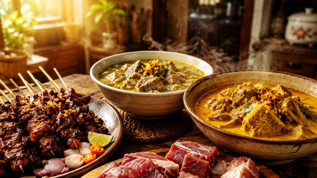 Sate, soto, dan gulai daging qurban di atas meja makan rumah dengan suasana yang hangat