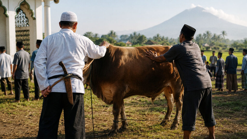 Dua orang pria sedang memegang sapi qurban yang masih berdiri di lapangan dekat masjid sebelum membaca doa saat penyembelihan.