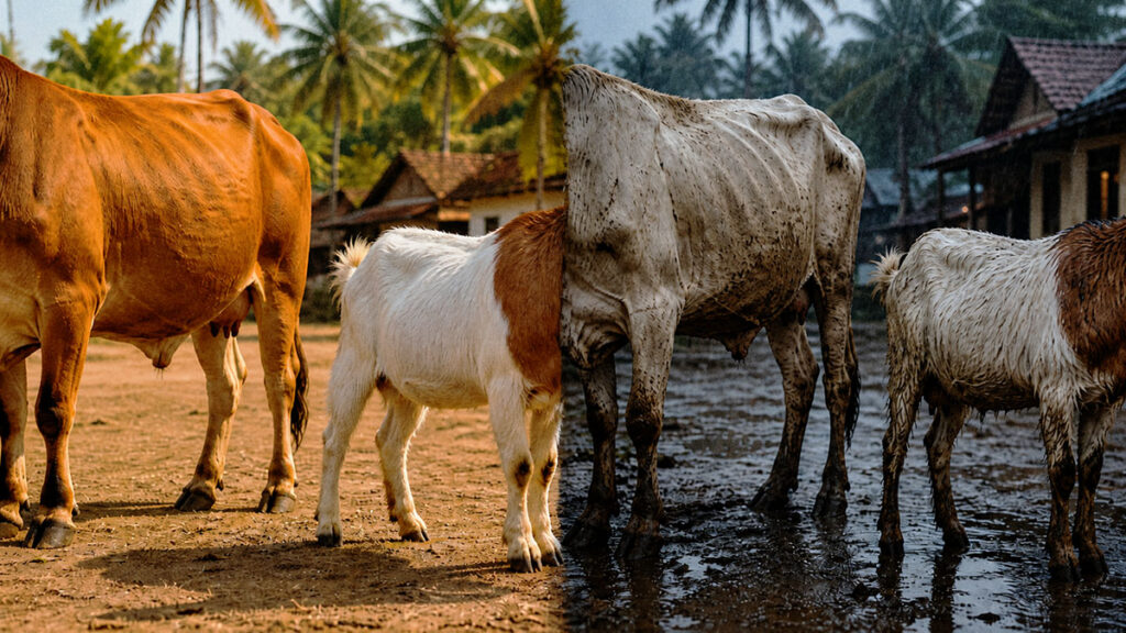 Perbandingan hewan qurban sehat dan kurang sehat di tengah cuaca pancaroba, terlihat perbedaan kondisi lingkungan kering dan becek
