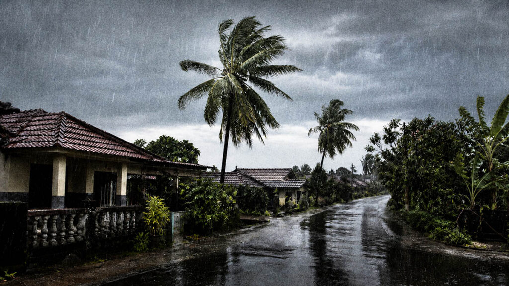 Hujan deras di kawasan permukiman dengan langit gelap, genangan air, dan pohon kelapa tertiup angin pada masa pancaroba