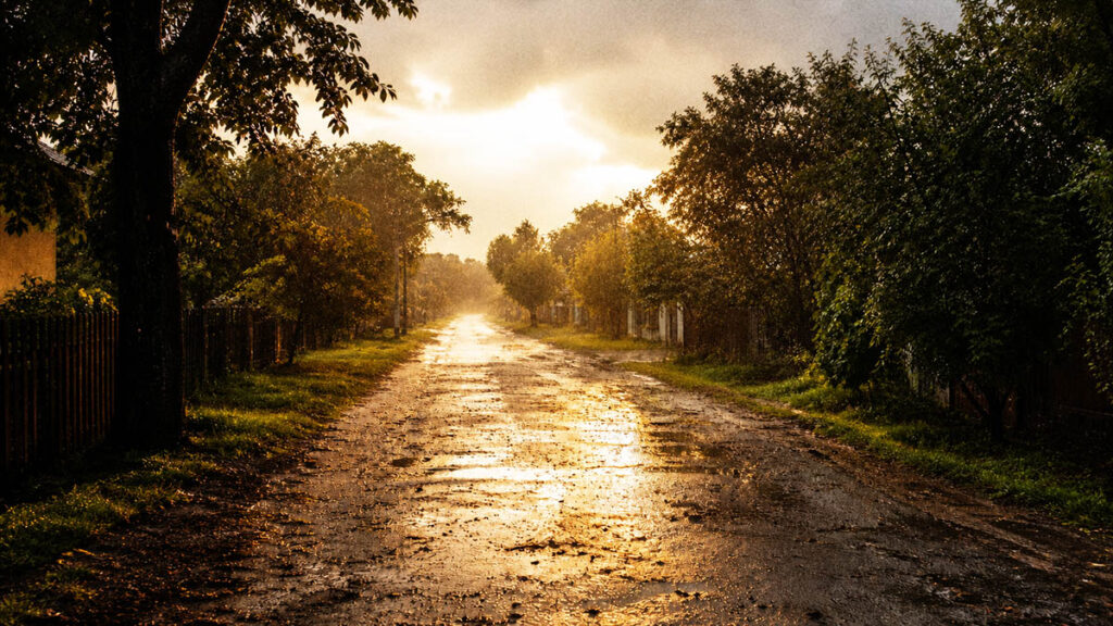jalan desa saat hujan ringan dengan permukaan basah dan suasana tenang saat petrichor terlepas pelan ke udara