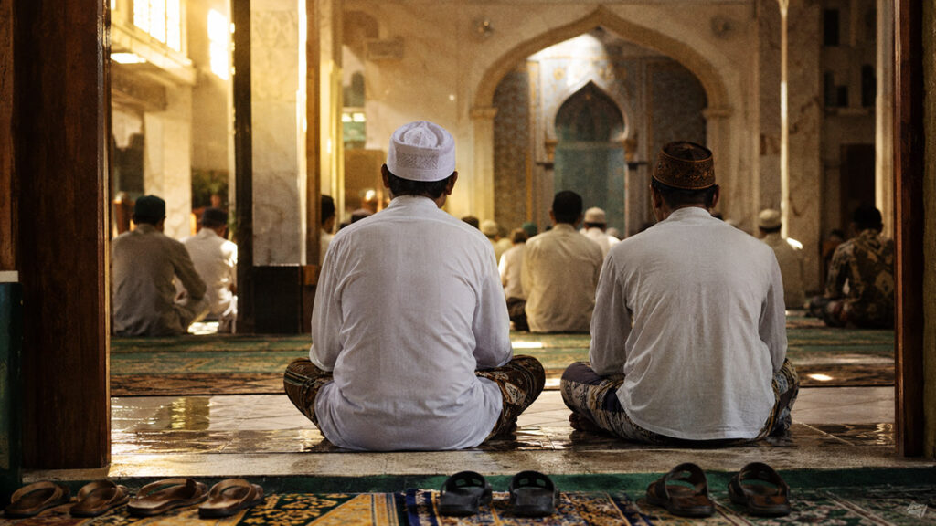 Jamaah duduk bertakbir setelah sholat fardhu di masjid saat Hari Tasyrik