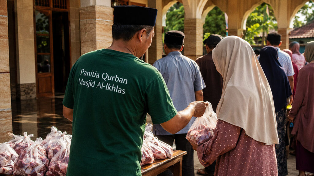 Panitia qurban membagikan daging qurban kepada warga di halaman masjid.