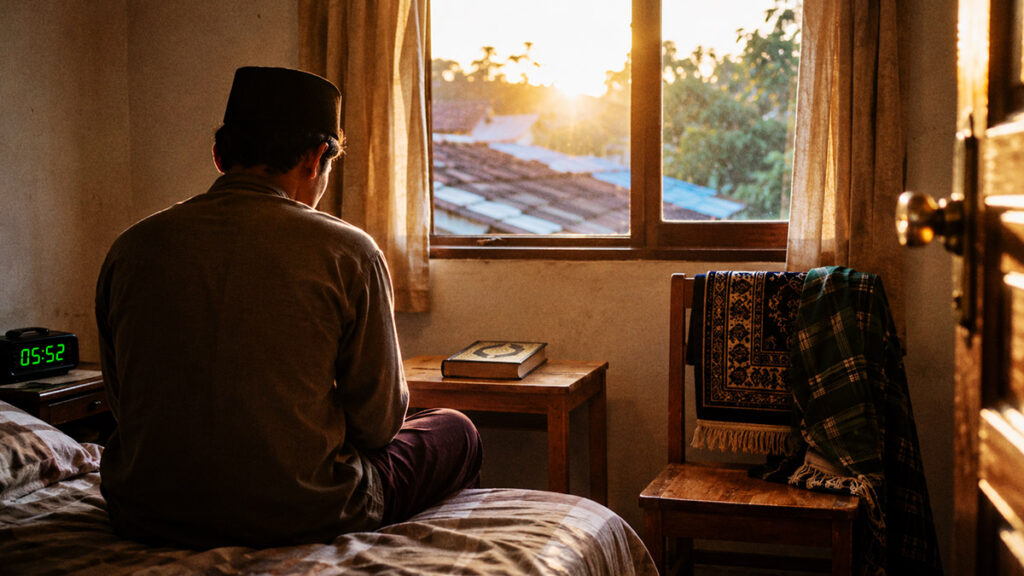 Seorang pria sedang duduk termenung setelah Subuh di kamar nya yang sederhana dengan cahaya matahari pagi masuk dari jendela saat merenungkan puasa Arafah.
