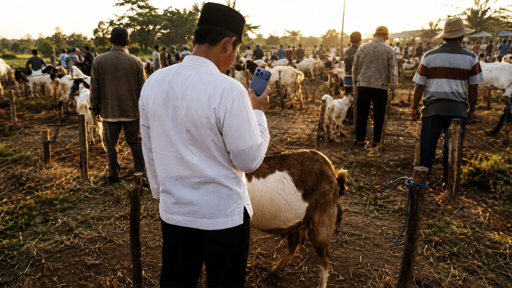 Seorang pria memegang smartphone sambil menatap seekor kambing qurban di peternakan.