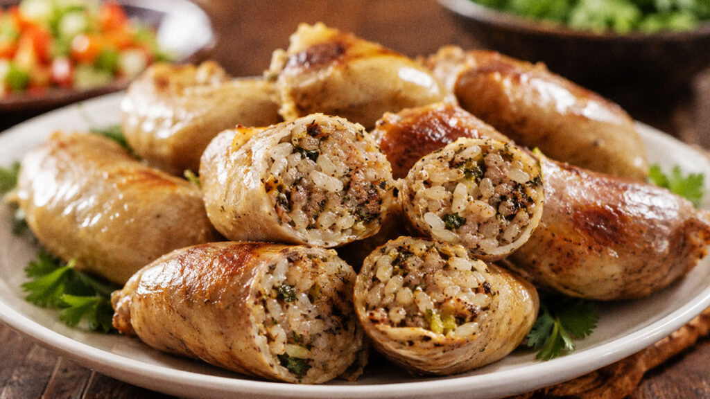 Mombar khas Mesir berupa usus yang diisi nasi berbumbu dan dipotong saat disajikan.