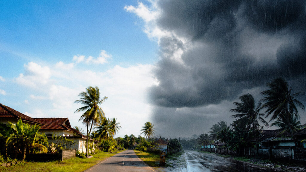 Perbandingan cuaca saat pancaroba, pagi cerah dengan langit biru dan sore hujan deras dengan awan gelap