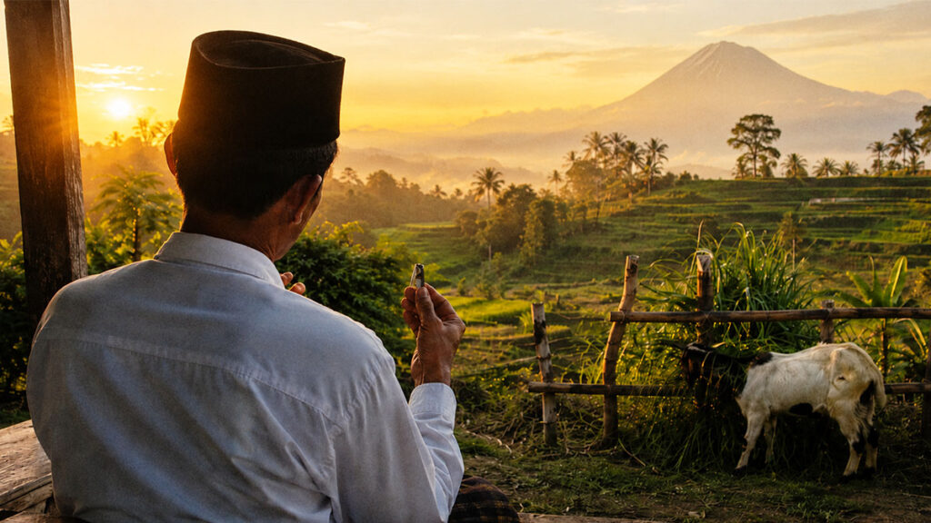 Seorang pria memakai peci hitam memegang pemotong kuku di teras rumah dengan kambing qurban di halaman pedesaan.