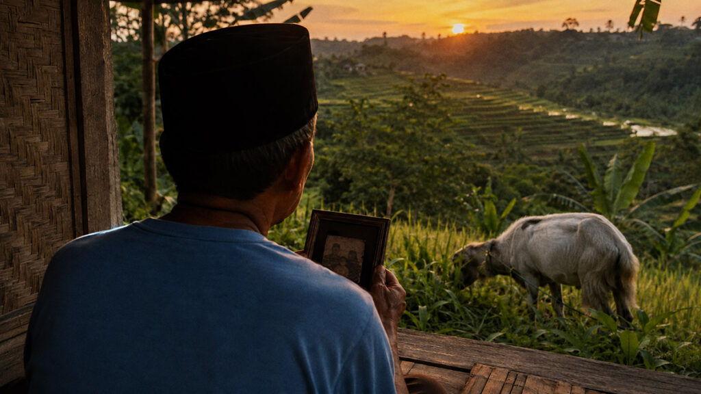 Seorang pria memegang foto orang tua yang telah meninggal dan ada kambing qurban di halaman rumah saat matahari terbenam.