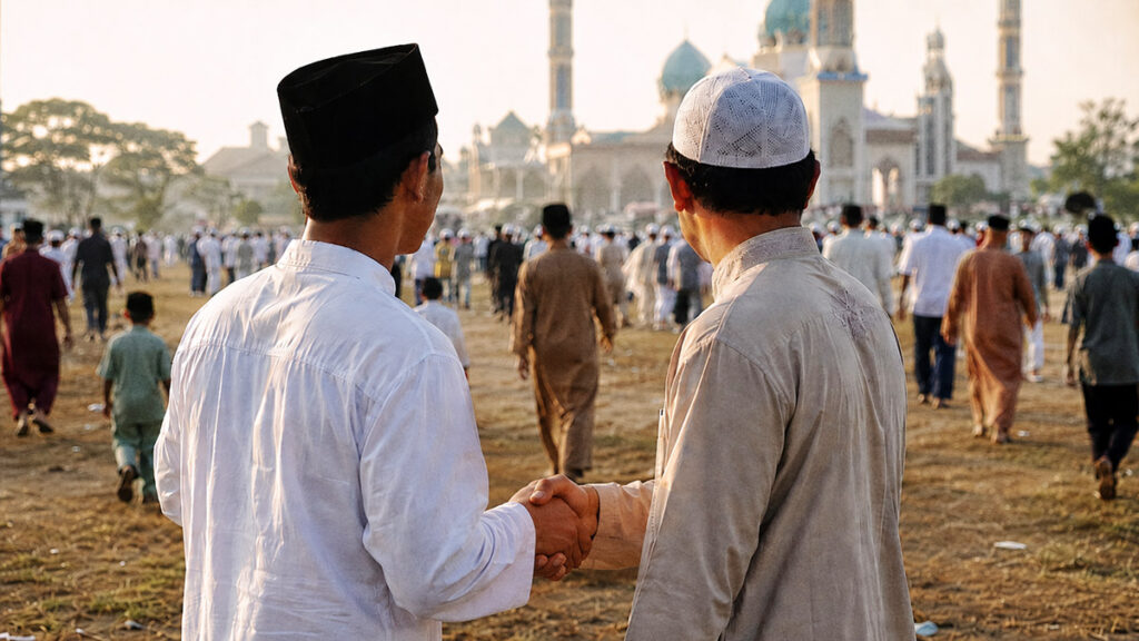 Suasana setelah sholat Idul Adha di lapangan dengan dua pria saling bersalaman dan jamaah berjalan pulang di bawah cahaya pagi.