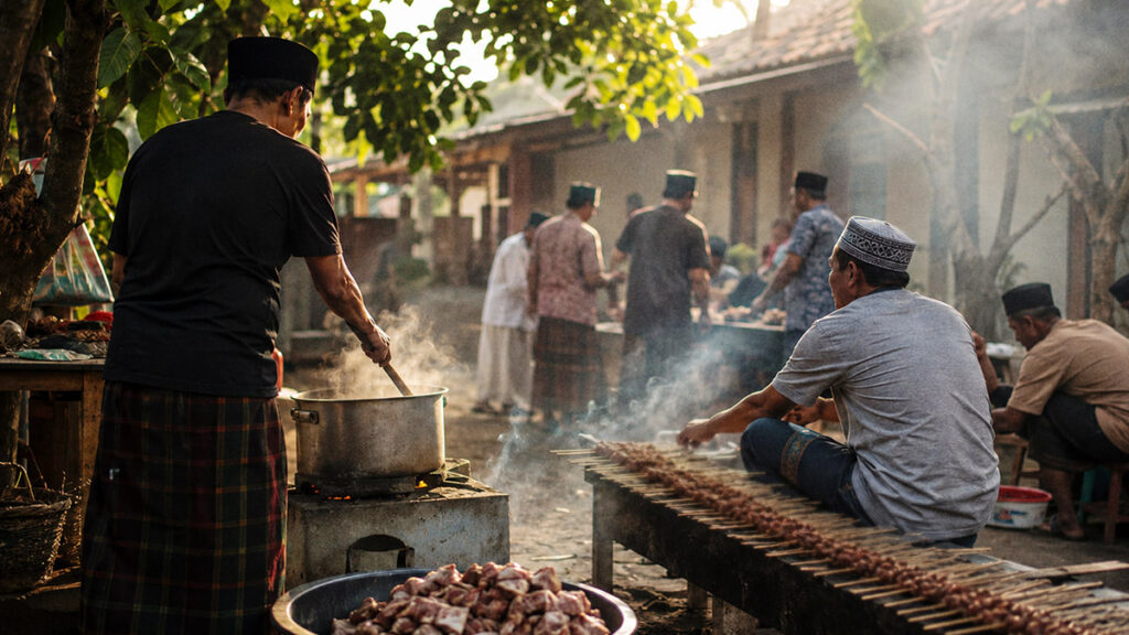 Warga Indonesia memasak dan membakar sate dari daging qurban bersama setelah Idul Adha di halaman kampung