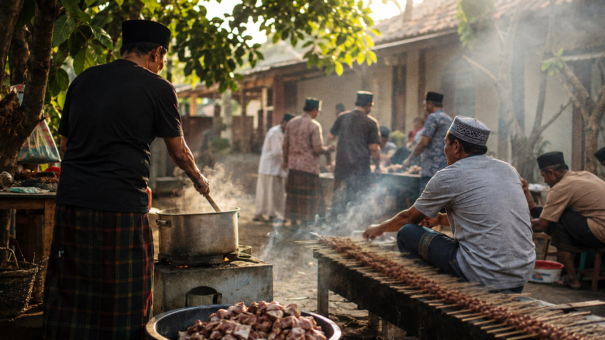 Warga Indonesia memasak dan membakar sate dari daging qurban bersama setelah Idul Adha di halaman kampung