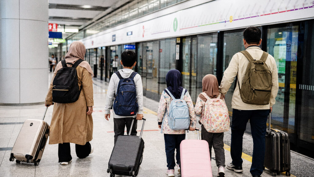 Satu keluarga berjalan di stasiun MRT Singapura setelah tiba dari Bandara Changi sambil membawa koper perjalanan.
