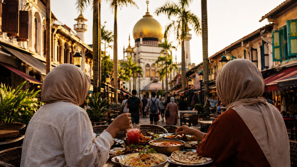 Wisatawan muslim menikmati makanan halal di kawasan Kampong Glam dengan latar Masjid Sultan di Singapura.