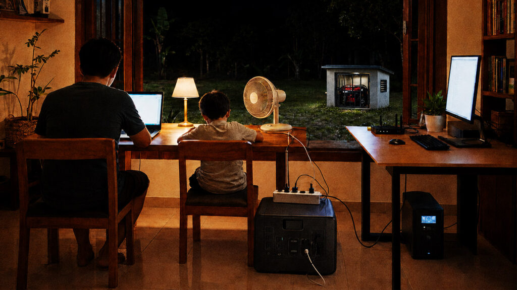 Ayah dan anak menggunakan laptop saat mati listrik dengan power station dan UPS, sementara genset berada di luar rumah.